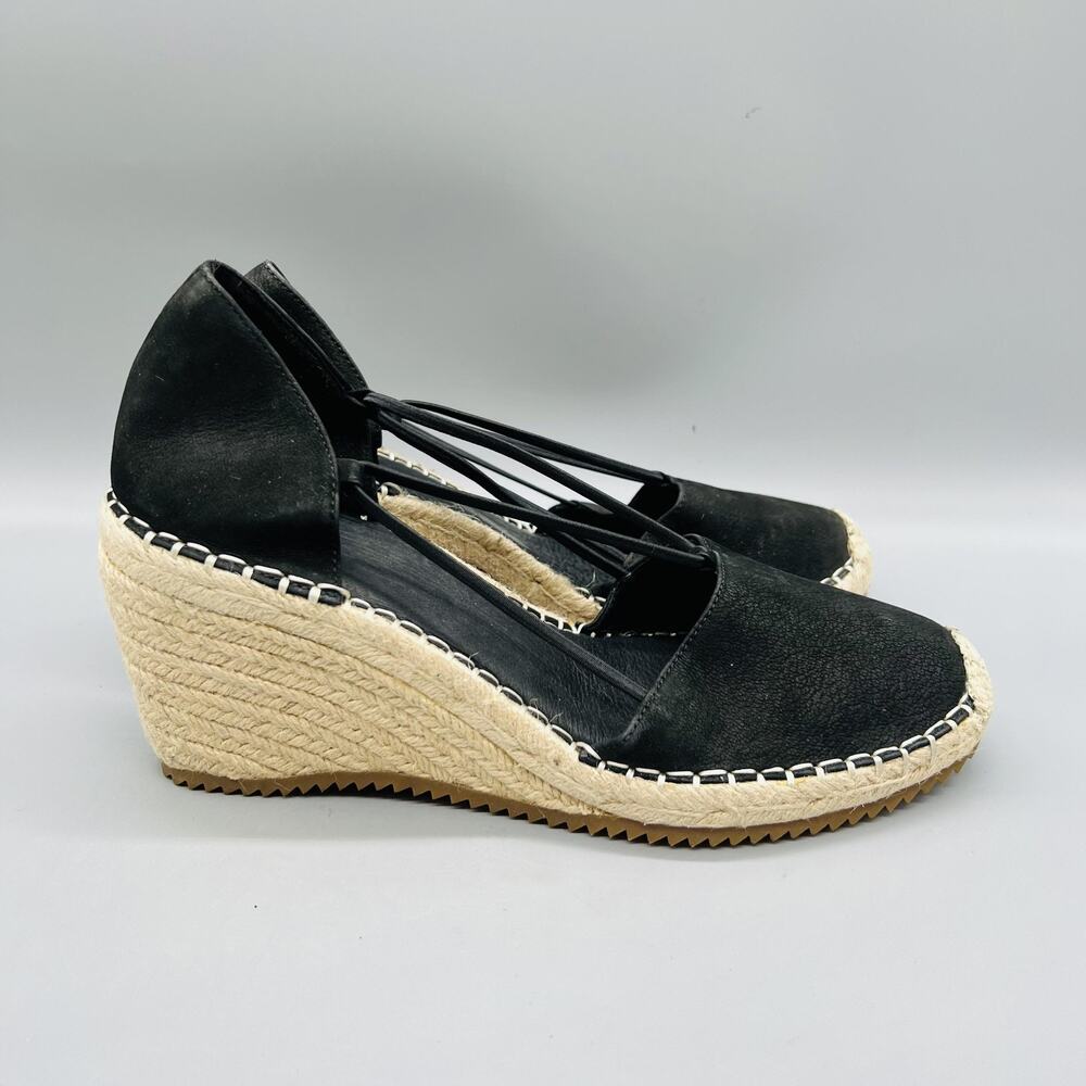 Eileen Fisher Shoes Women 9.5 Black Nubuck Yasmin Espadrille Wedge Heels Slip On